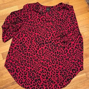 Women's Leopard Print Top - Red and Black 3/4 length sleeves